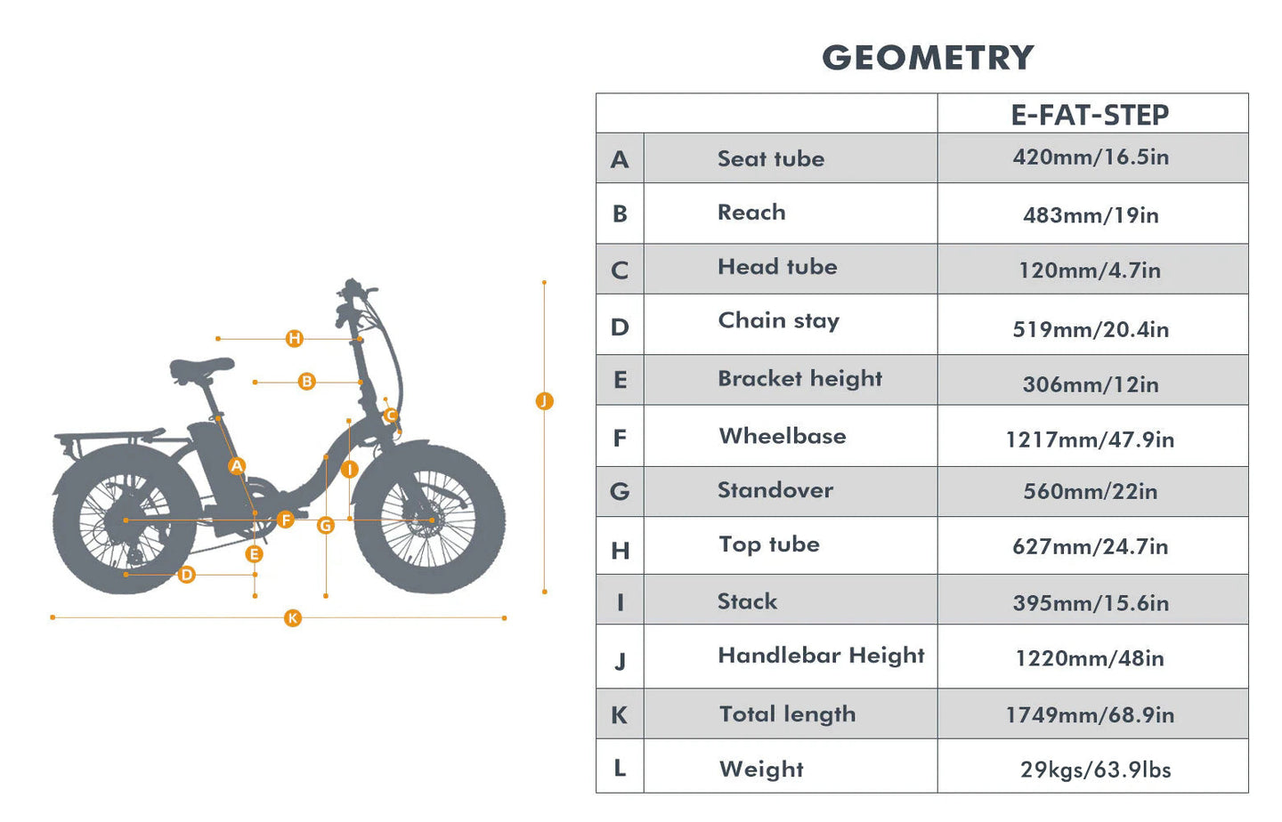 E-FAT-MN Foldable Step Over Fat Tire Electric Bike geometry